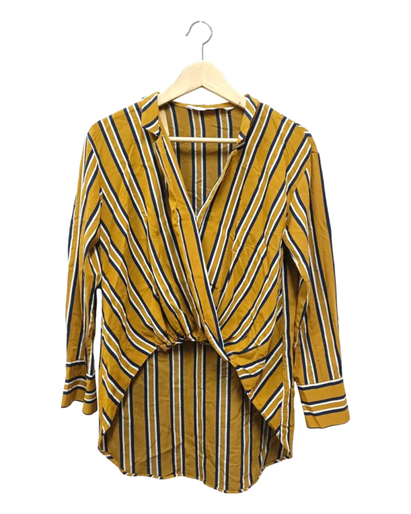 AgADGBQAAjZbwVQ_processed Mustard Striped Wrap Blouse Size XS