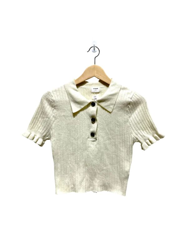 AgAD_A8AAgTQKFQ_processed Ivory Ribbed Knit Polo Top in Size S