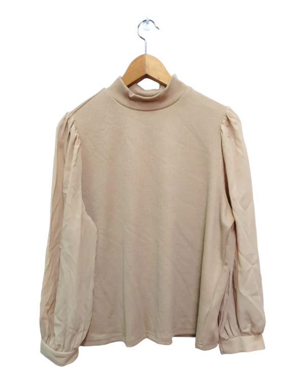 AgADuRIAApJNgVU_processed_d681348f-82a3-40d5-b328-248af1196c59 Soft Beige Puff Sleeve Mock Neck Top Size L